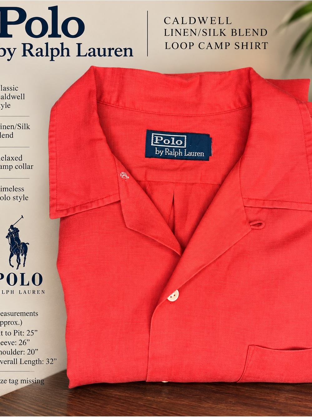 Polo by Ralph Lauren Men’s Red Linen/Silk Camp Shirt (measurements in descrip.)